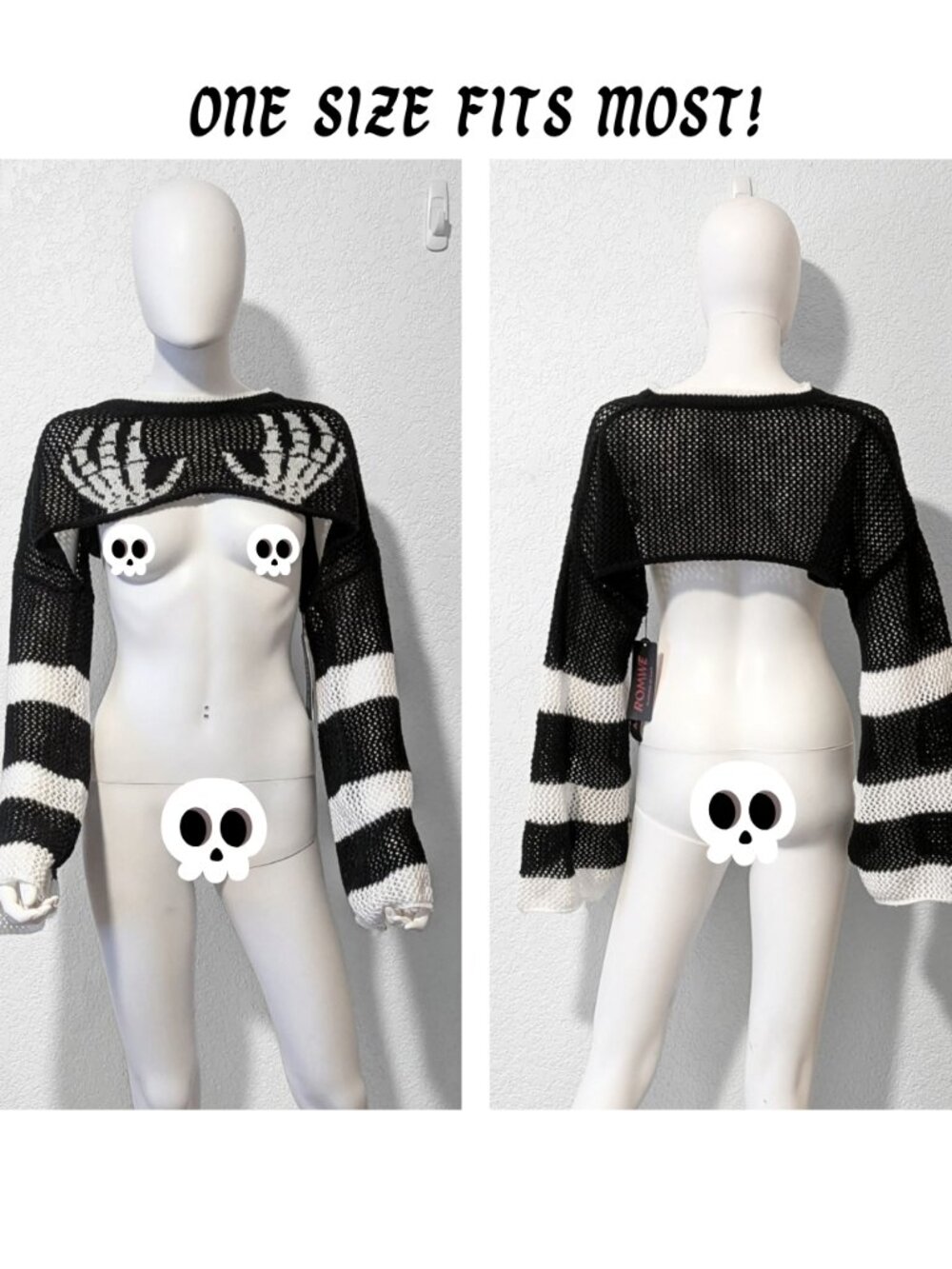 Deadstock ROMWE Skeleton Hands Knit Shrug Goth Striped Sleeve Crop Sweater NWT